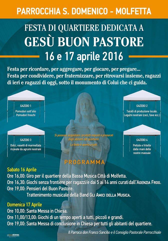 LA FESTA DEL BUON PASTORE IL 16 E 17 APRILE NELLA PIAZZETTA DE LE UEGNEUN