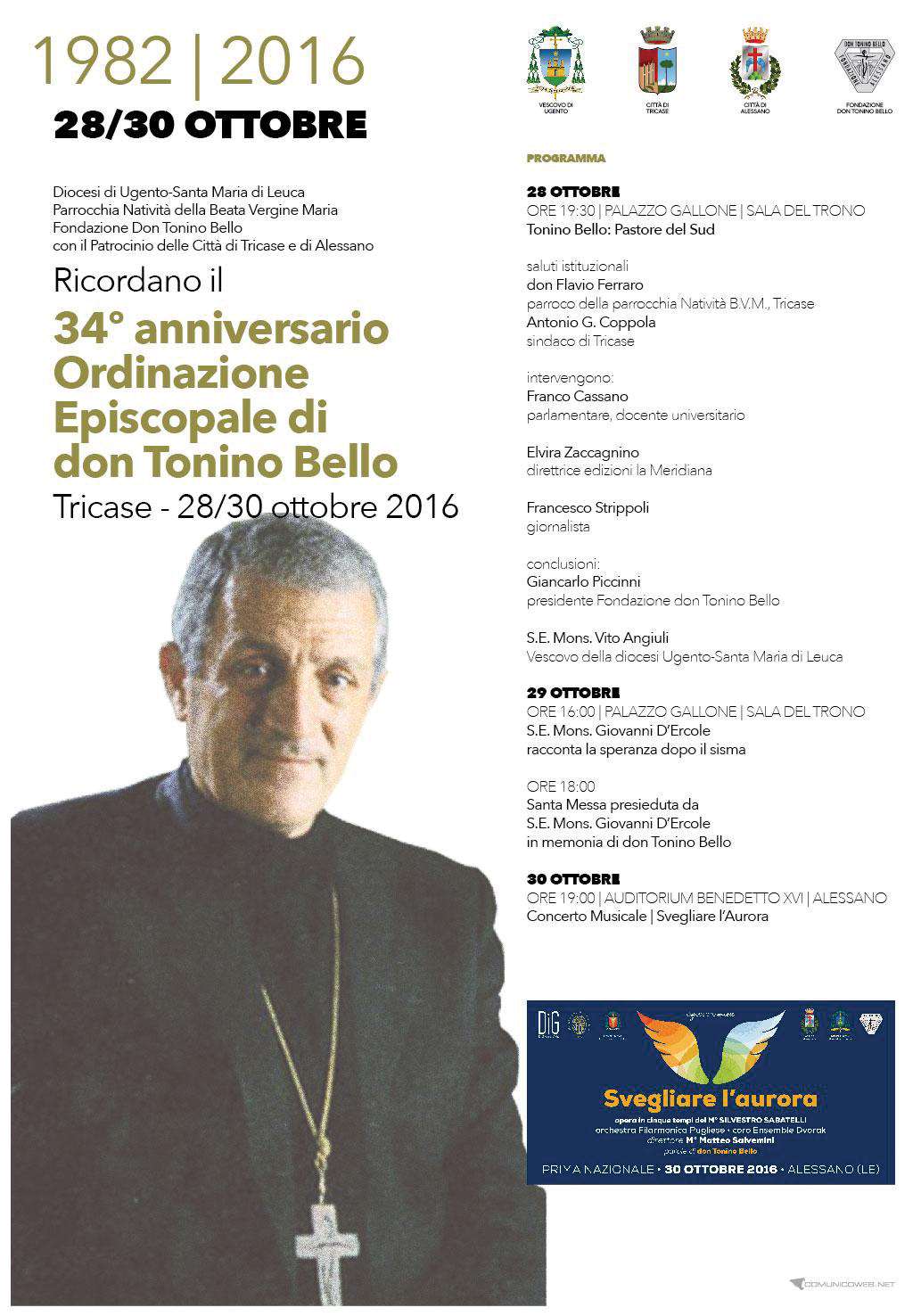 DAL 28 AL 30 OTTOBRE VERR RICORDATO A TRICASE IL 34ESIMO ANNIVERSARIO DELLORDINAZIONE EPISCOPALE DI DON TONINO BELLO