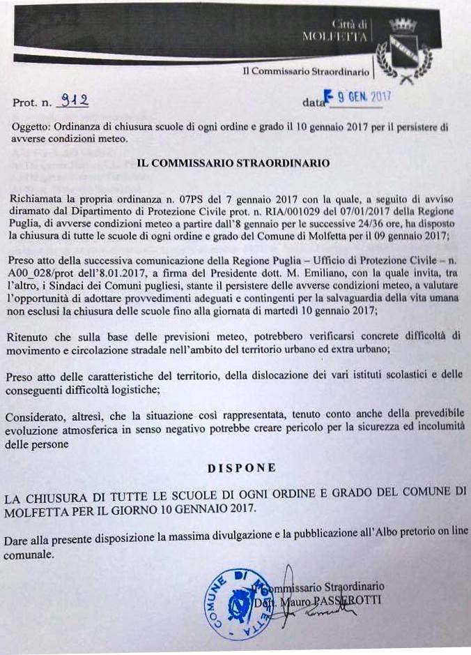 MARTED 10 GENNAIO CHIUSE TUTTE LE SCUOLE DI OGNI ORDINE E GRADO A MOLFETTA