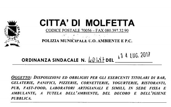 ORDINANZA DEL SINDACO MINERVINI A TUTELA DELLAMBIENTE, DEL DECORO E DELLIGIENE PUBBLICA