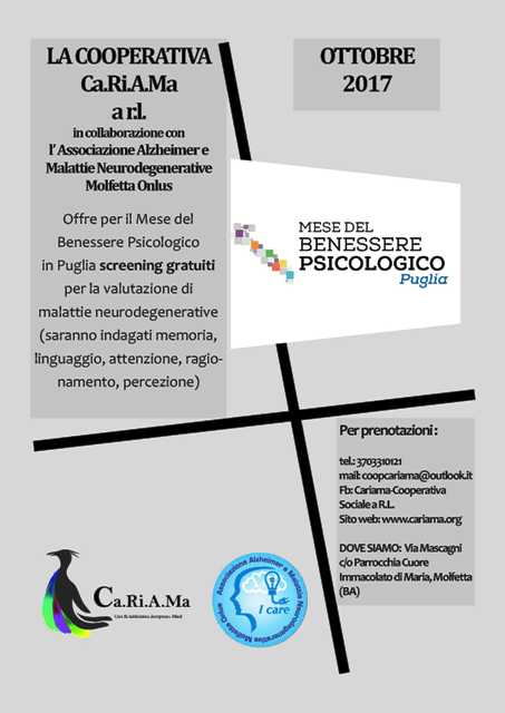 ANCHE A MOLFETTA SCREENING GRATUITO PER LE MALATTIE NEURODEGENERATIVE IN OCCASIONE DEL MESE DEL BENESSERE PSICOLOGICO