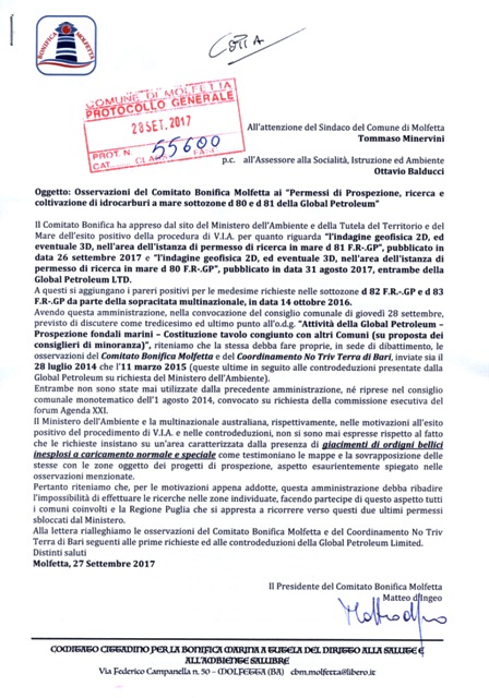 LE OSSERVAZIONI DEL COMITATO DI BONIFICA MOLFETTA SUI PERMESSI DI PROSPEZIONE RICHIESTI DALLA GLOBAL PETROLEUM