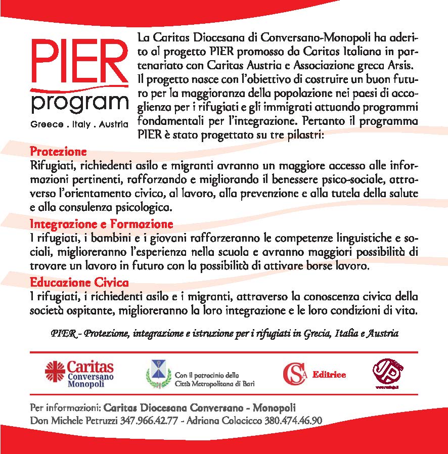 PROTEZIONE, INTEGRAZIONE E FORMAZIONE, EDUCAZIONE CIVICA PER I RIFUGIATI IN GRECIA, ITALIA E AUSTRIA: QUESTO IL PROGETTO DELLA CARITAS DIOCESANA DI CONVERSANO-MONOPOLI 