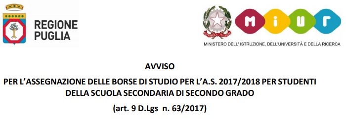 DAL 22 FEBBRAIO SI POTRANNO PRESENTARE LE DOMANDE PER LA CONCESSIONE DELLE BORSE DI STUDIO A.S. 2017/2018 PER GLI STUDENTI DELLA SCUOLA SECONDARIA DI SECONDO GRADO