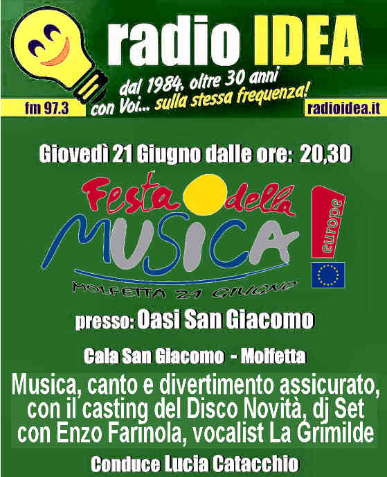 IN OCCASIONE DEL PRIMO GIORNO DESTATE, GIOVED 21 GIUGNO SI TERR A MOLFETTA LA 1 FESTA DELLA MUSICA 