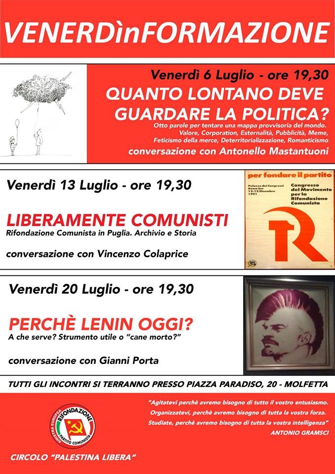 INIZIATIVA DI RIFONDAZIONE COMUNISTA DI MOLFETTA CHE ORGANIZZA TRE INCONTRI SU TEMI DI ATTUALIT, STORICI E POLITICI