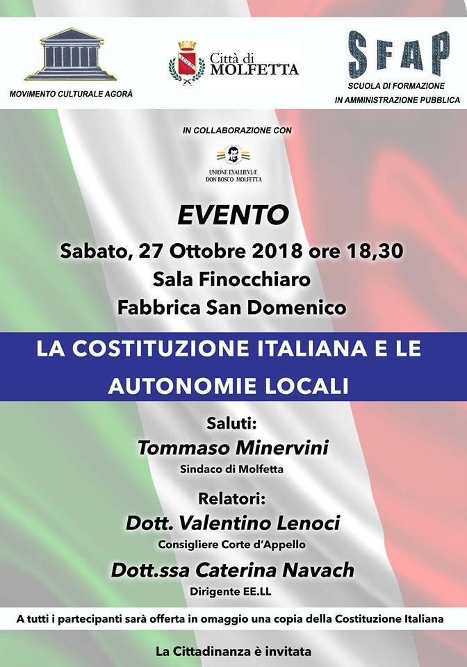 LA COSTITUZIONE ITALIANA E LE AUTONOMIE LOCALI. QUESTO IL TEMA DI UN INCONTRO ORGANIZZATO PRESSO LA FABBRICA DI SAN DOMENICO