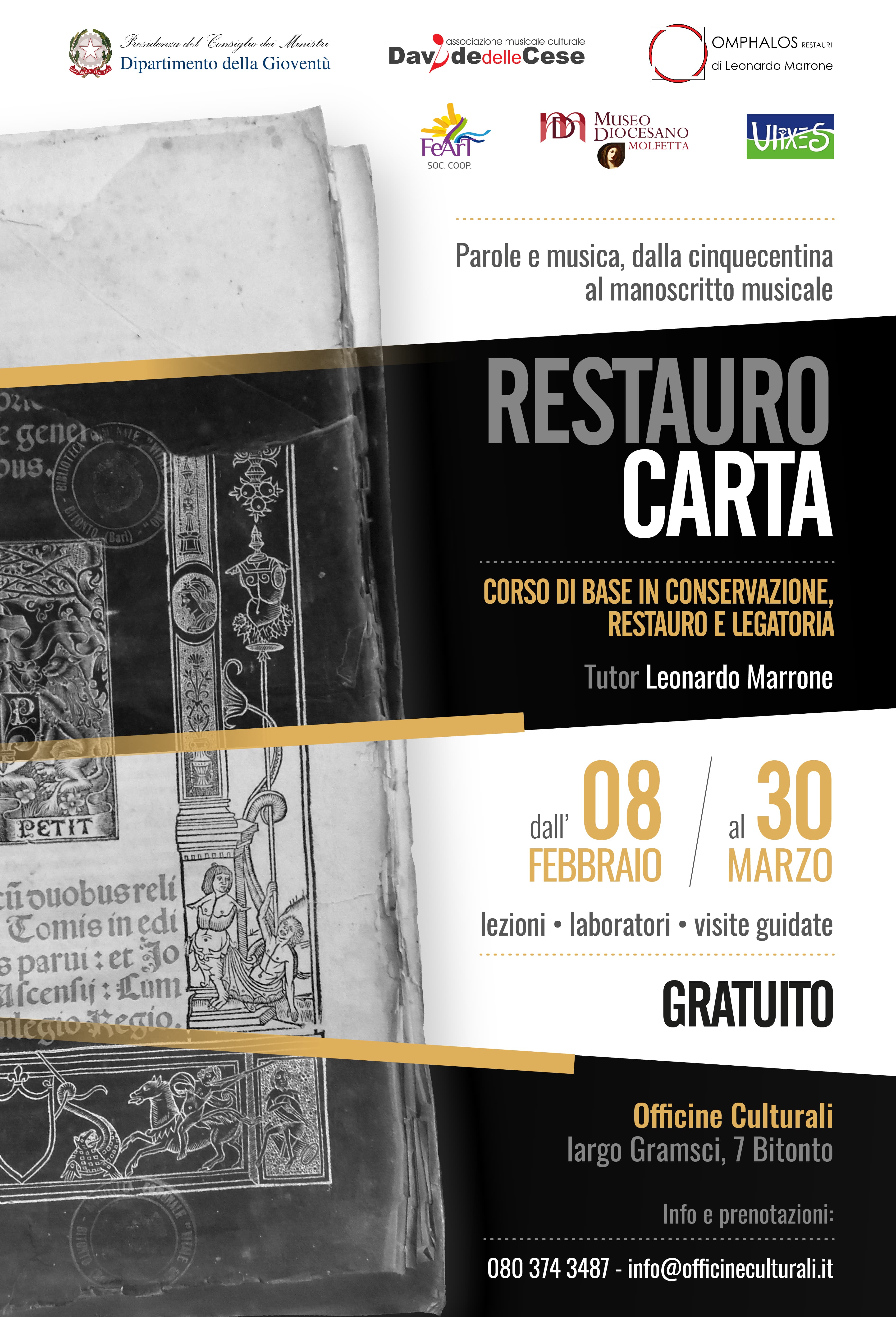 PARTIR A FEBBRAIO UN CORSO GRATUITO DI CONSERVAZIONE, RESTAURO E LEGATORIA DELLA CARTA