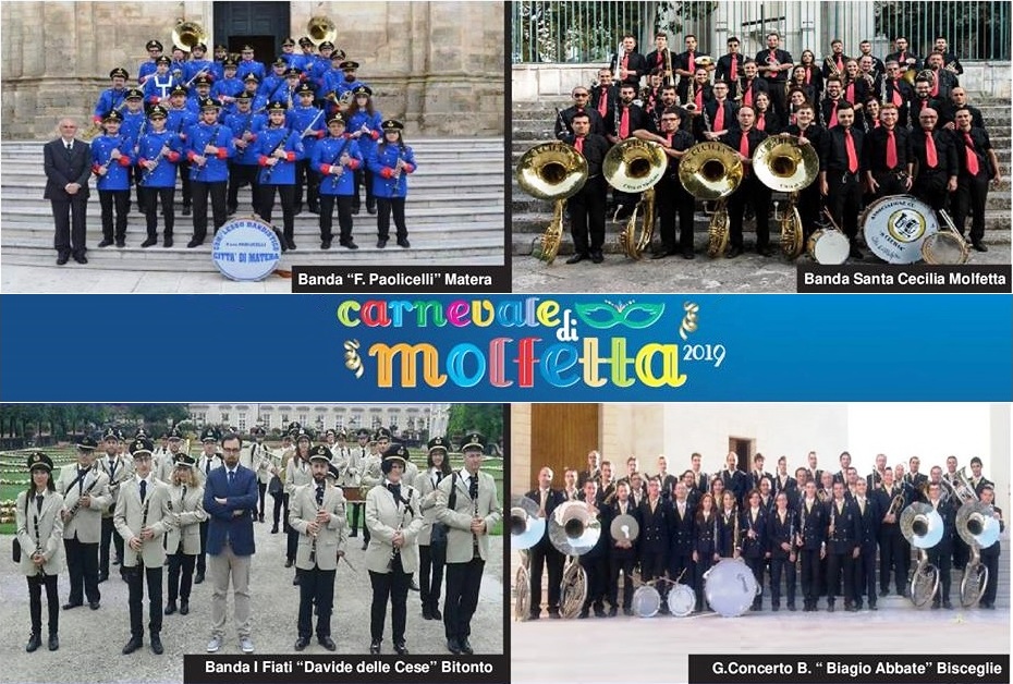 QUATTRO BANDE MUSICALI A MOLFETTA CE LE SUONERANNO DI SANTA RAGIONE!!! SUCCEDE ANCHE QUESTO AL CARNEVALE DI MOLFETTA E NON  UNO SCHERZO!