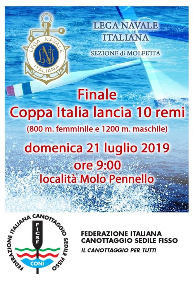 SI DISPUTER A MOLFETTA, DOMENICA 21 LUGLIO, LA FINALE DI COPPA ITALIA DI CANOTTAGGIO LANCE A 10 REMI