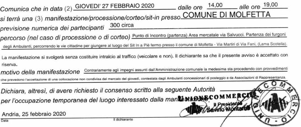 CHIESTA LAUTORIZZAZIONE PER LO SVOLGIMENTO DI UNA MANIFESTAZIONE DI PROTESTA PER IL TRASFERIMENTO DEL MERCATO PER GIOVED 27 FEBBRAIO DALLE ORE 14:00 ALLE ORE 19:00