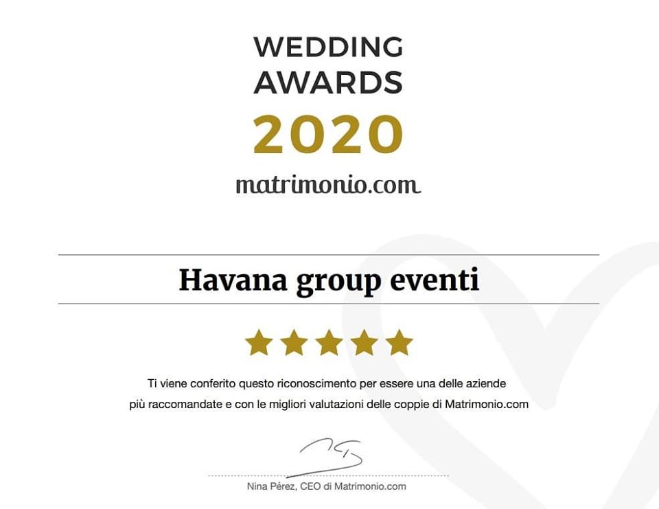 GRANDE RICONOSCIMENTO PER HAVANA GROUP EVENTI DI MOLFETTA. IL PORTALE MATRIMONIO.COM CONFERISCE UN WEDDING AWARD 2020 NELLA CATEGORIA MUSICA