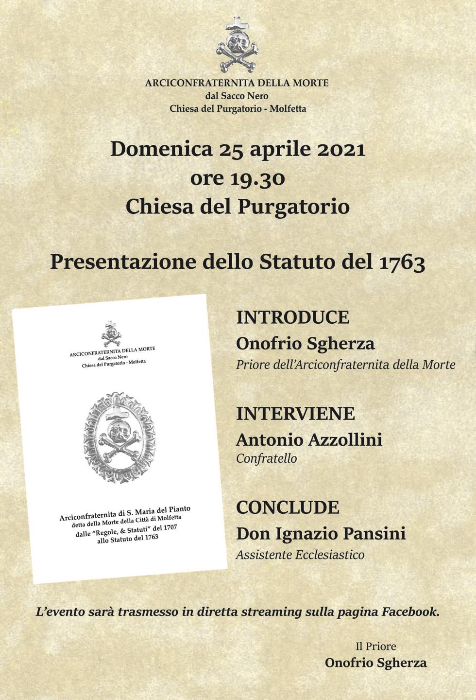 LARCICONFRATERNITA DELLA MORTE DAL SACCO NERO PRESENTER DOMENICA 25 APRILE LO STATUTO DEL 1763