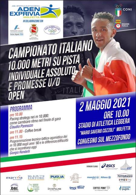 DEFINITO IL QUADRO DEI PARTECIPANTI AI CAMPIONATI ITALIANI ASSOLUTI E PROMESSE DEI 10.000 METRI CHE SI SVOLGERANNO DOMENICA 2 MAGGIO A MOLFETTA