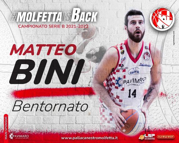 TORNA ALLA PAVIMARO PALLACANESTRO MOLFETTA MATTEO BINI PER DISPUTARE ANCHE IL PROSSIMO ANNO IL CAMPIONATO DI SERIE B