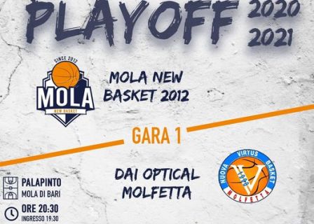 SI GIOCA OGGI 13 GIUGNO, ALLE ORE 20:30, LA GARA 1 DELLA FINALE PLAYOFF TRA NEW BASKET MOLA E DAI OPTICAL VIRTUS MOLFETTA