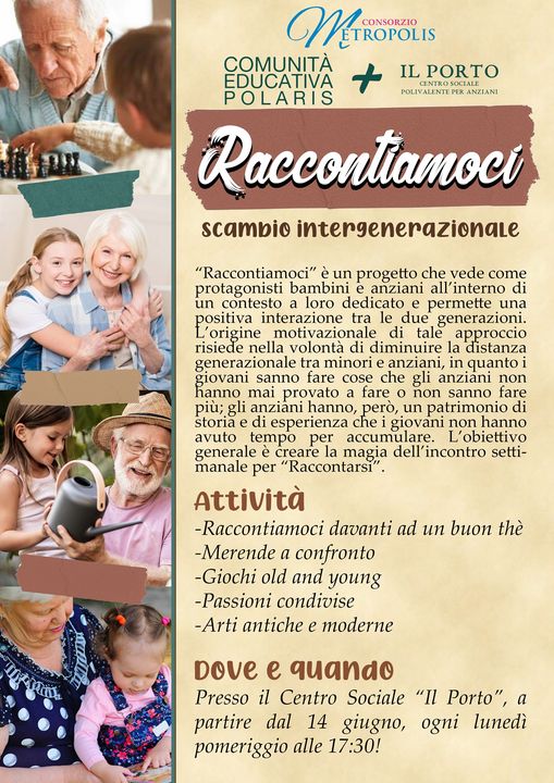 QUANDO I BAMBINI INCONTRANO GLI ANZIANI... NASCE IL PROGETTO DI SCAMBIO INTERGENERAZIONALE RACCONTIAMOCI PROMOSSO DAL CONSORZIO METROPOLIS