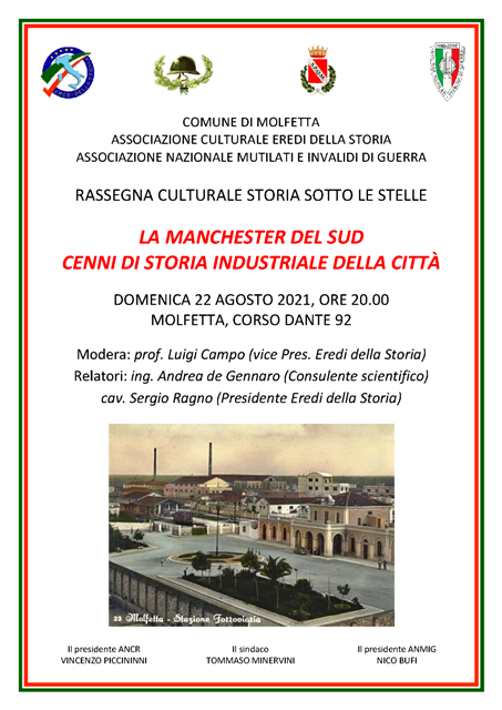 SI PARLER DELLA STORIA DELLO SVILUPPO INDUSTRIALE DI MOLFETTA NEGLI ULTIMI DUE SECOLI NELLINCONTRO ORGANIZZATO PER LA RASSEGNA STORIA SOTTO LE STELLE