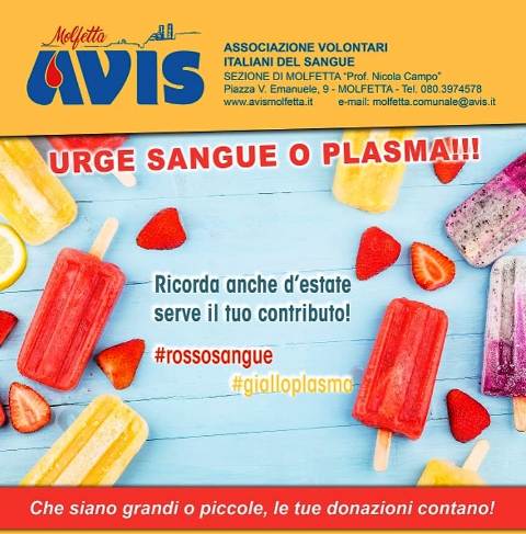 CONTINUA LEMERGENZA SANGUE E PLASMA. DOMENICA 29 AGOSTO GIORNATA DI DONAZIONE FESTIVA PRESSO IL CENTRO TRASFUSIONALE