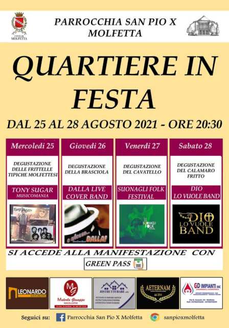 IL QUARTIERE SAN PIO X DI MOLFETTA  IN FESTA DA MERCOLED 25 A SABATO 28 AGOSTO