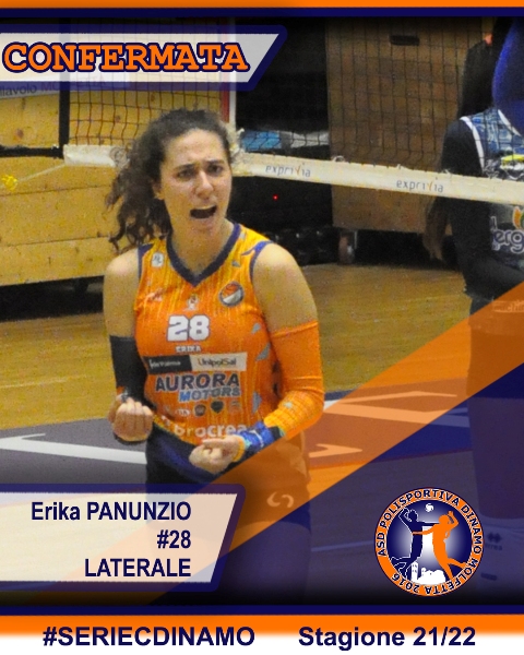 CONFERMA PER ERIKA PANUNZIO CON LA MAGLIA DELLA DINAMO MOLFETTA NEL PROSSIMO CAMPIONATO  DI PALLAVOLO DI SERIE C