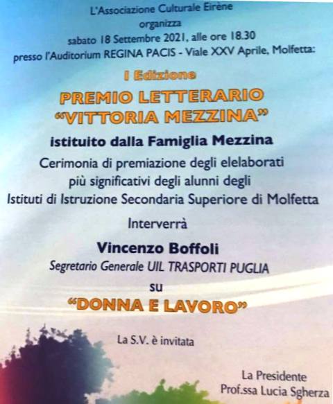 SABATO 18 SETTEMBRE LASSOCIAZIONE EIRENE PRESENTA LA PRIMA EDIZIONE DEL PREMIO LETTERARIO VITTORIA MEZZINA