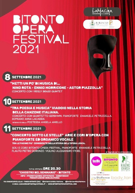 SECONDO APPUNTAMENTO DEL BITONTO OPERA FESTIVAL 2021. VENERD 10 SETTEMBRE NEL CHIOSTRO DEL SEMINARIO VESCOVILE DI BITONTO UNA SERATA TRA POESIA E MUSICA