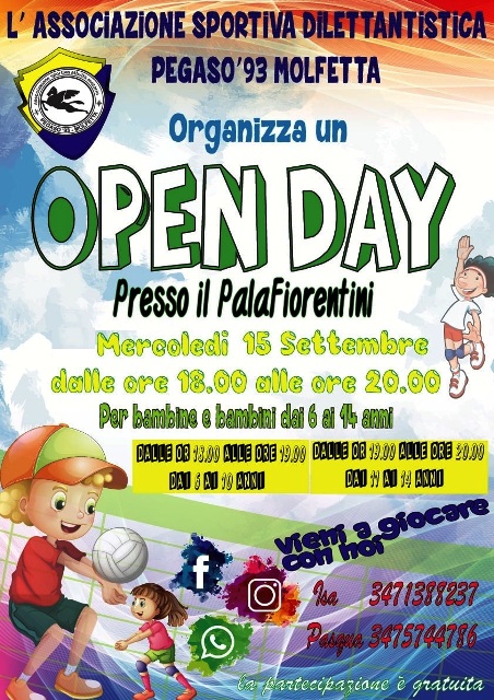 OPEN DAY PER AVVICINARSI ALLO SPORT DELLA PALLAVOLO RISERVATO A BAMBINE E BAMBINI DAI 6 AI 14 ANNI ORGANIZZATO DALLASDAM PEGASO 93 MOLFETTA