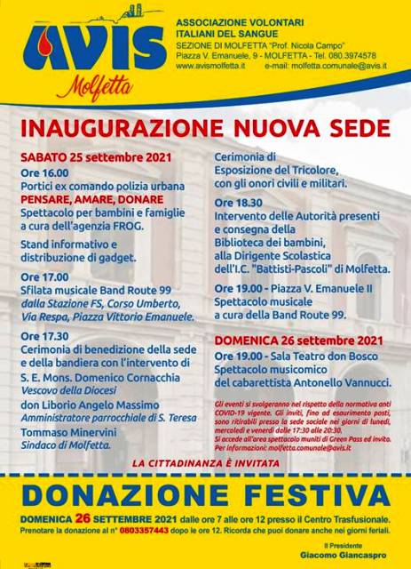 SI INAUGURA SABATO 25 SETTEMBRE LA NUOVA SEDE DELLAVIS MOLFETTA