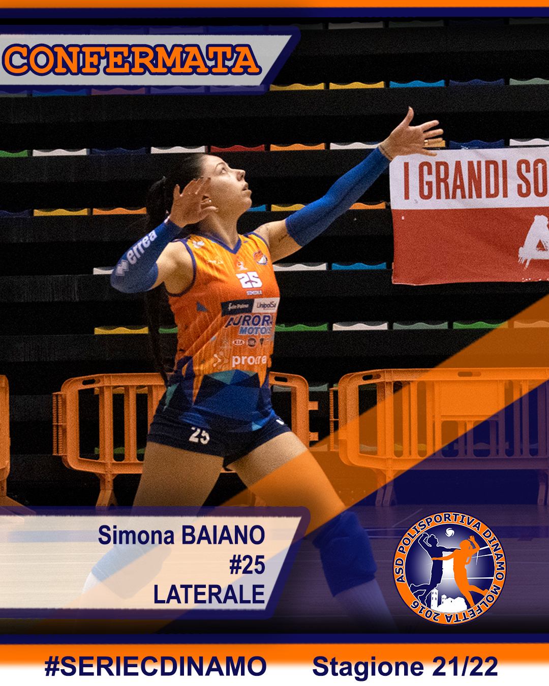 ANCORA UNA CONFERMA PER LA DINAMO MOLFETTA. SIMONA BAIANO GIOCHER CON LA MAGLIA ARANCIO ANCHE PER LA PROSSIMA STAGIONE