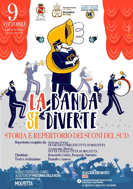 LA BANDA SI DIVERTE APPUNTAMENTO SABATO 9 OTTOBRE PRESSO IL NUOVO TEATRO DEL CARRO, AUDITORIUM MADONNA DELLA ROSA, A MOLFETTA