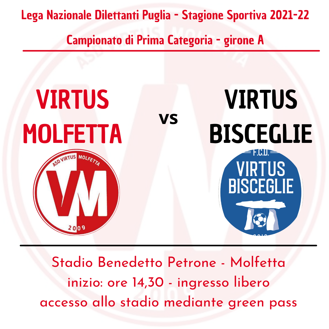  TEMPO DI DERBY PER LA VIRTUS MOLFETTA. DOMENICA 31 OTTOBRE AL PETRONE ARRIVA LA VIRTUS BISCEGLIE