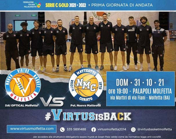 INIZIA IL CAMPIONATO DI SERIE C GOLD DI PALLACANESTRO MASCHILE. ESORDIO CASALINGO AL PALAPOLI PER LA DAI OPTICAL VIRTUS MOLFETTA