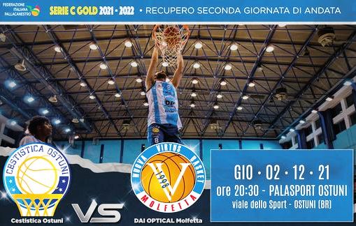 SI GIOCA GIOVED 2 DICEMBRE AD OSTUNI LA GARA DI RECUPERO DELLA SECONDA GIORNATA DEL CAMPIONATO DI SERIE C PER LA DAI OPTICAL VIRTUS MOLFETTA