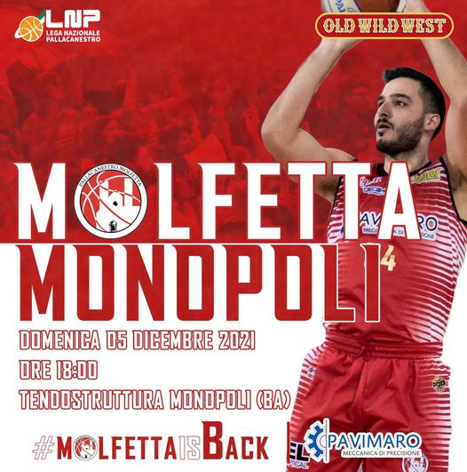 SECONDA TRASFERTA CONSECUTIVA PER LA PAVIMARO PALLACANESTRO MOLFETTA. I BIANCOROSSI AFFRONTERANNO LAPIETRA MONOPOLI