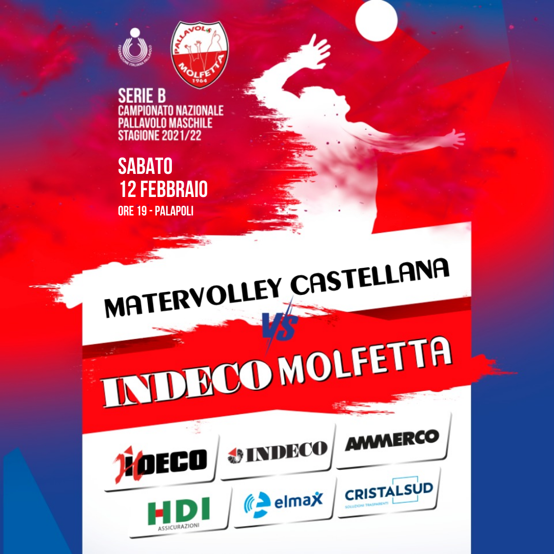 RIPRENDE IL CAMPIONATO NAZIONALE DI PALLAVOLO DI SERIE B. SABATO 12 FEBBRAIO SI DISPUTA AL PALAPOLI LA GARA TRA INDECO MOLFETTA E MATERVOLLEY CASTELLANA