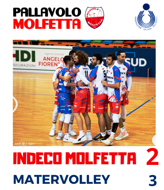 PASSO FALSO DELLINDECO MOLFETTA ALLA RIPRESA DEL CAMPIONATO NAZIONALE DI SERIE B. SCONFITTA AL PALAPOLI AL TIE-BREAK CONTRO MATERVOLLEY CASTELLANA