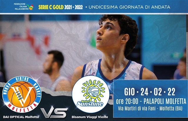 BIG MATCH AL PALAPOLI TRA LA DAI OPTICAL VIRTUS MOLFETTA E BISANUM VIAGGI VIESTE PER IL RECUPERO DELLUNDICESIMA GIORNATA DEL CAMPIONATO DI SERIE C GOLD