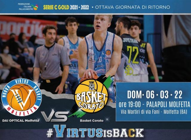 GRANDE SERATA DI BASKET DOMENICA AL PALAPOLI CON IL BIG-MATCH TRA DAI OPTICAL VIRTUS MOLFETTA E BASKET CORATO