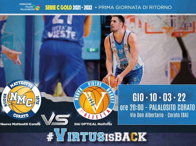 TRASFERTA INSIDIOSA PER LA DAI OPTICAL VIRTUS MOLFETTA PER IL RECUPERO DELLA PRIMA GIORNATA DI RITORNO DEL CAMPIONATO DI SERIE C GOLD