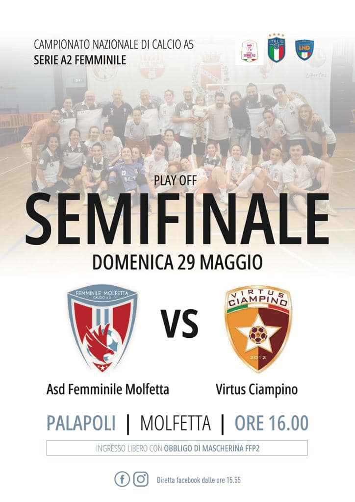 PER LA SEMIFINALE PLAY OFF TRA FEMMINILE MOLFETTA E VIRTUS CIAMPINO  PREVISTO LINGRESSO LIBERO AL PALAPOLI