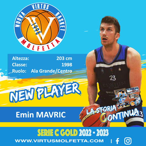 ANCORA UN RINFORZO PER LA VIRTUS BASKET MOLFETTA. IN BIANCOAZZURRO ARRIVA IL BOSNIACO EMIN MAVRIC