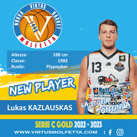 ALTRO IMPORTANTE COLPO DI MERCATO PER LA VIRTUS BASKET MOLFETTA. INGAGGIATO IL LITUANO LUKAS KAZLAUSKAS