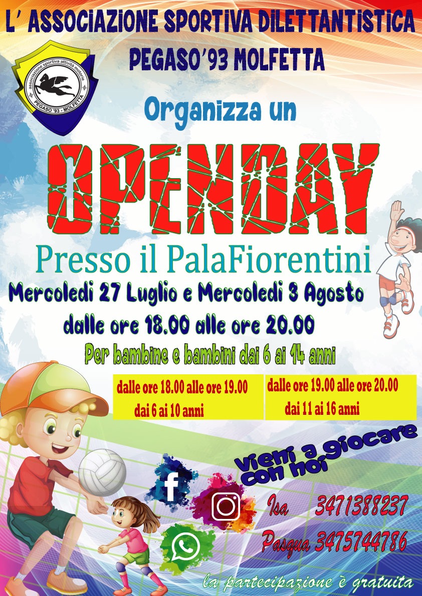 OPEN DAY DELLASDAM PEGASO 93 MOLFETTA RISERVATO ALLE BAMBINE E BAMBINI DAI 6 AI 14 ANNI, PER AVVICINARSI ALLO SPORT DELLA PALLAVOLO