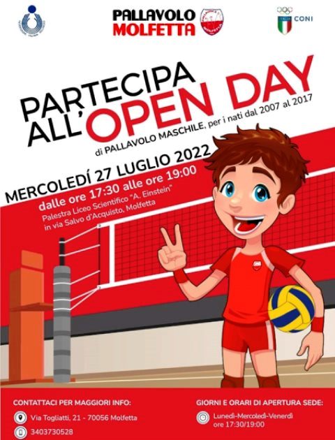 LA PALLAVOLO MOLFETTA ORGANIZZA UN OPEN DAY PER I RAGAZZI NATI DAL 2007 AL 2017 PER ENTRARE NEL SETTORE GIOVANILE