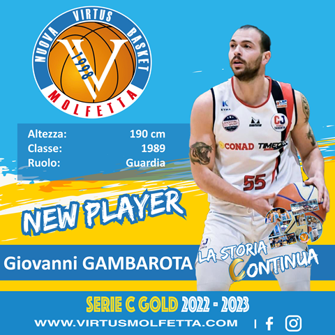 IMPORTANTE COLPO DI MERCATO DELLA VIRTUS BASKET MOLFETTA CHE HA INGAGGIATO LA GUARDIA GIOVANNI GAMBAROTA