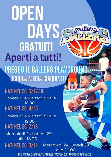 UNA GRANDE OCCASIONE RISERVATA AI GIOVANISSIMI PER AVVICINARSI ALLO SPORT DEL MINIBASKET: GLI OPEN DAYS MOLFETTA BALLERS