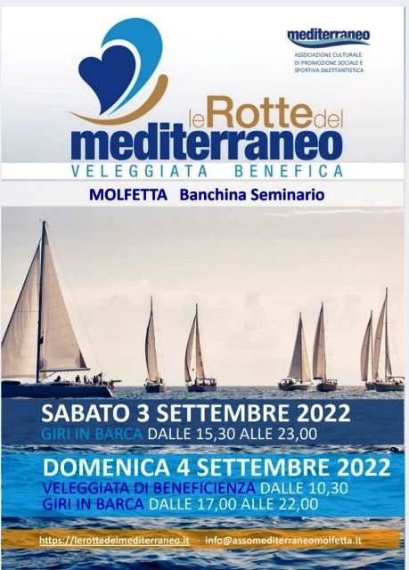 LASSOCIAZIONE MEDITERRANEO MOLFETTA ORGANIZZA LE ROTTE DEL MEDITERRANEO, UNA VELEGGIATA DI BENEFICENZA PER SABATO 3 E DOMENICA 4 SETTEMBRE PER SOSTENERE LASSOCIAZIONE A.GE.B.E.O