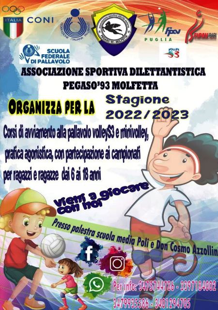 LASDAM PEGASO 93 MOLFETTA ORGANIZZA CORSI DI AVVIAMENTO ALLA PALLAVOLO VOLLEY S3 E MINIVOLLEY