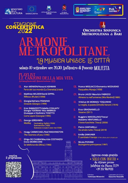 LA MUSICA UNISCE LE CITT CON LE ARMONIE METROPOLITANE: SABATO 10 SETTEMBRE CONCERTO DELL'ORCHESTRA SINFONICA DELLA CITT METROPOLITANA DI BARI